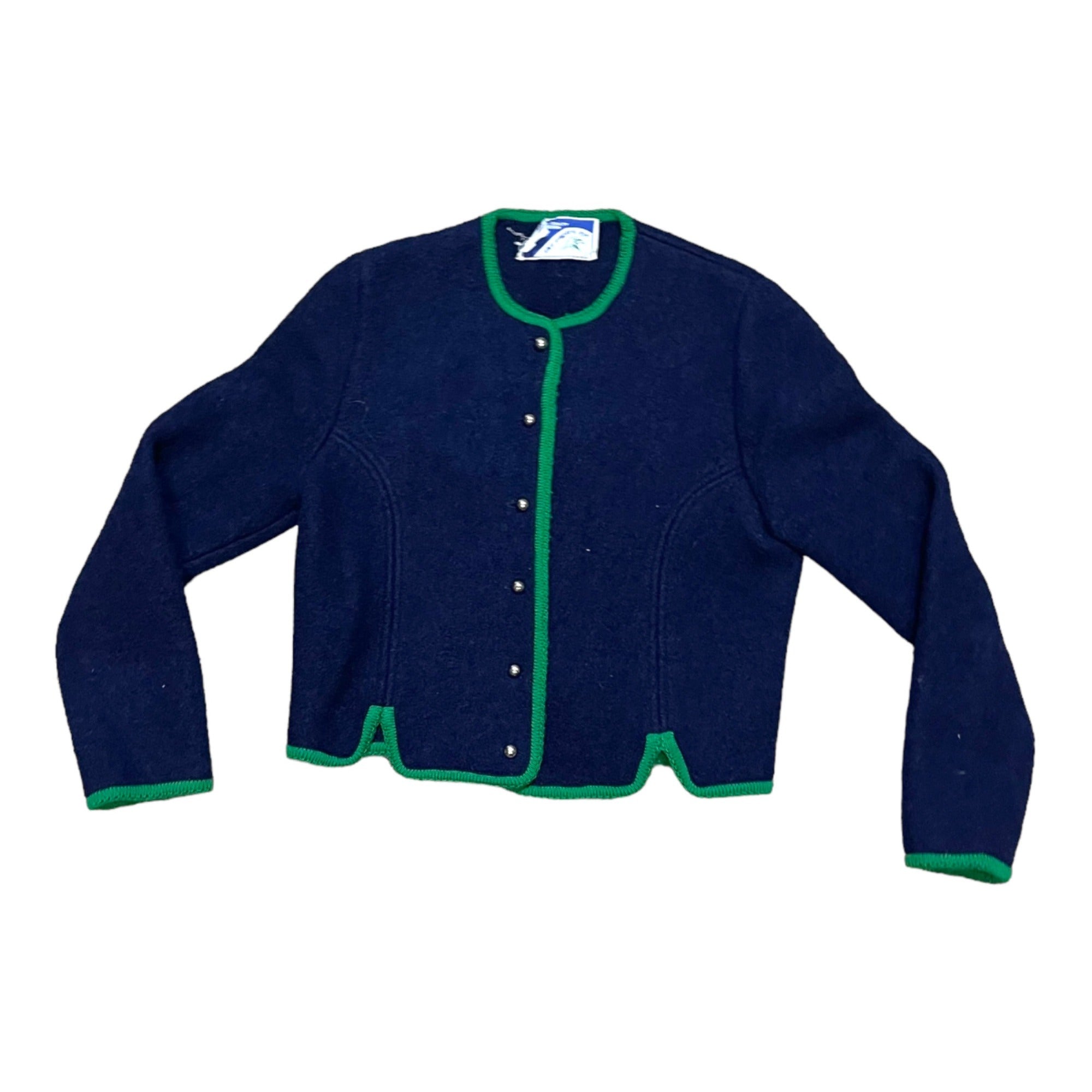Vintage The Eagle's Eye Sweater Cardigan WOOL 8 Medium Navy Blue w/ Green Trim