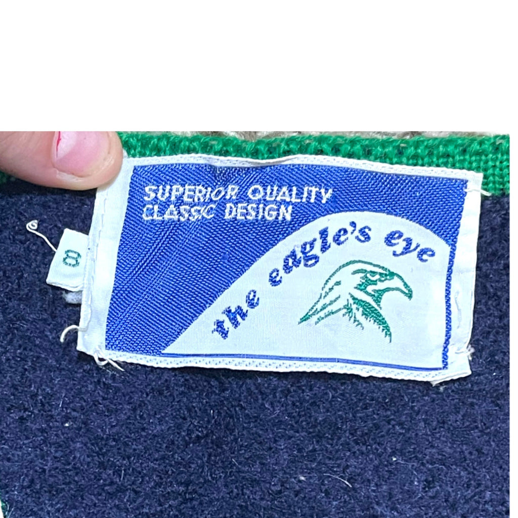 Vintage The Eagle's Eye Sweater Cardigan WOOL 8 Medium Navy Blue w/ Green Trim