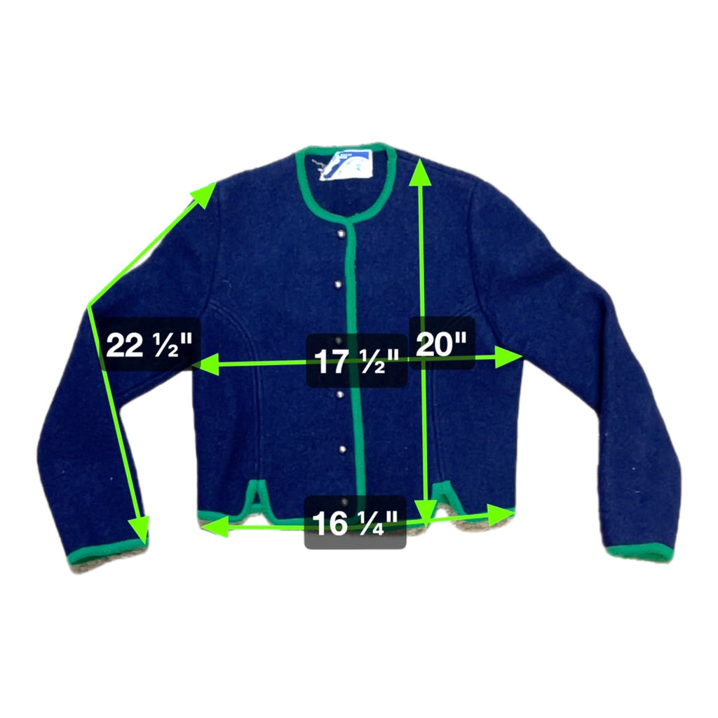 Vintage The Eagle's Eye Sweater Cardigan WOOL 8 Medium Navy Blue w/ Green Trim