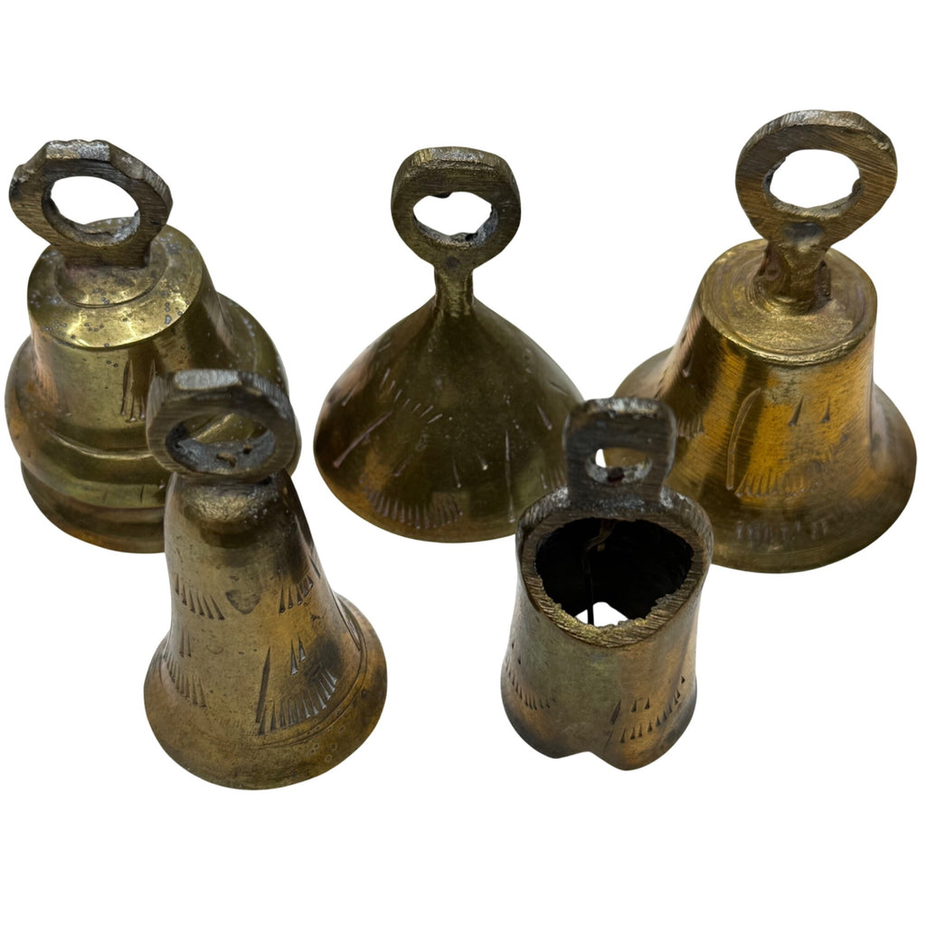 Set Of 5 Vintage Handcrafted Brass Bells Rustic Finish Farmhouse Made In India