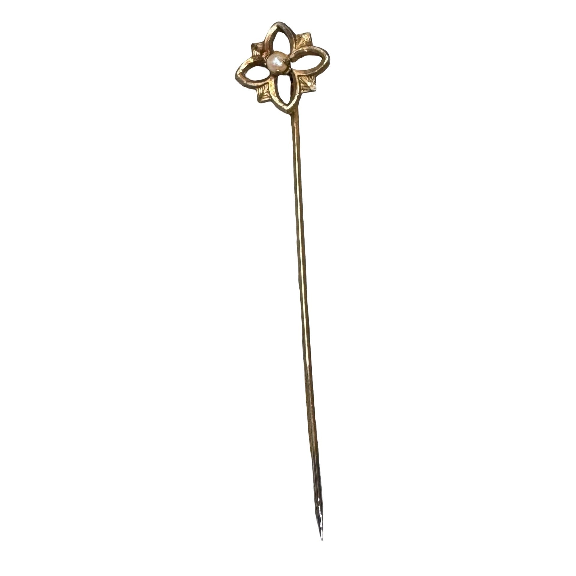 Vintage 18K Gold Stick Pin Art Nouveau Victorian Flower Design Faux Pearl Accent