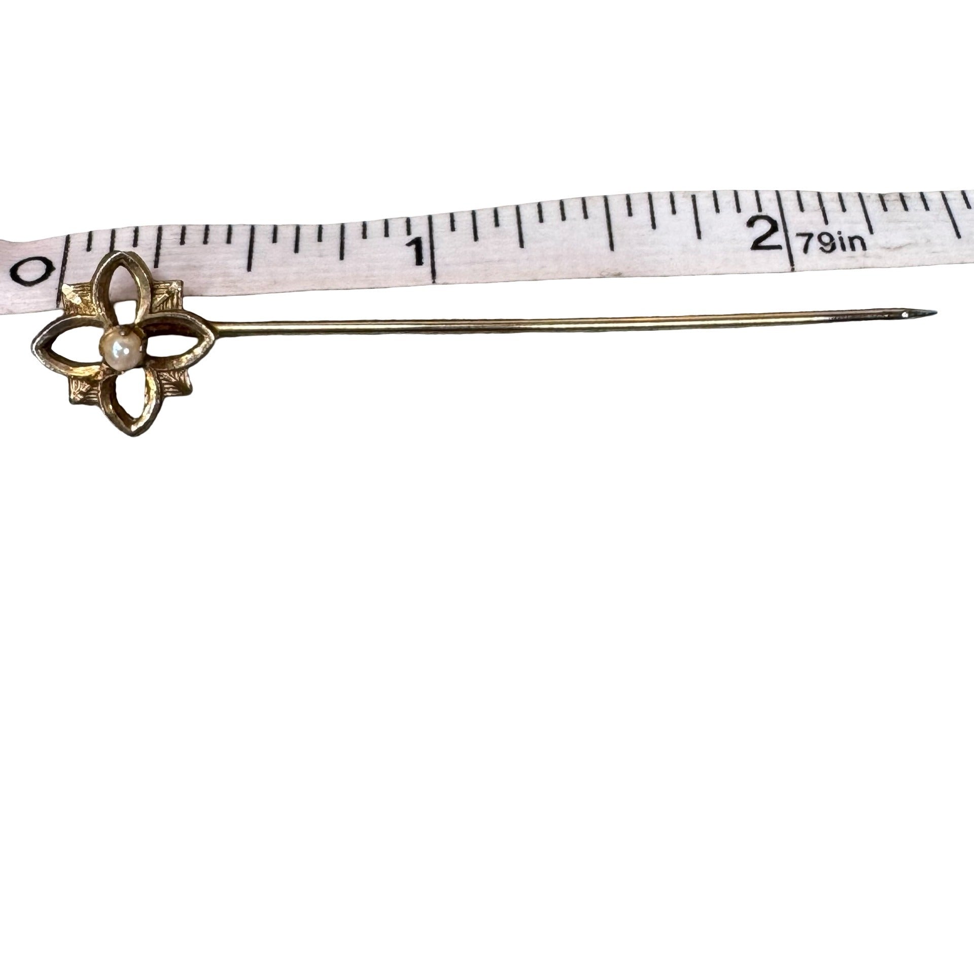 Vintage 18K Gold Stick Pin Art Nouveau Victorian Flower Design Faux Pearl Accent