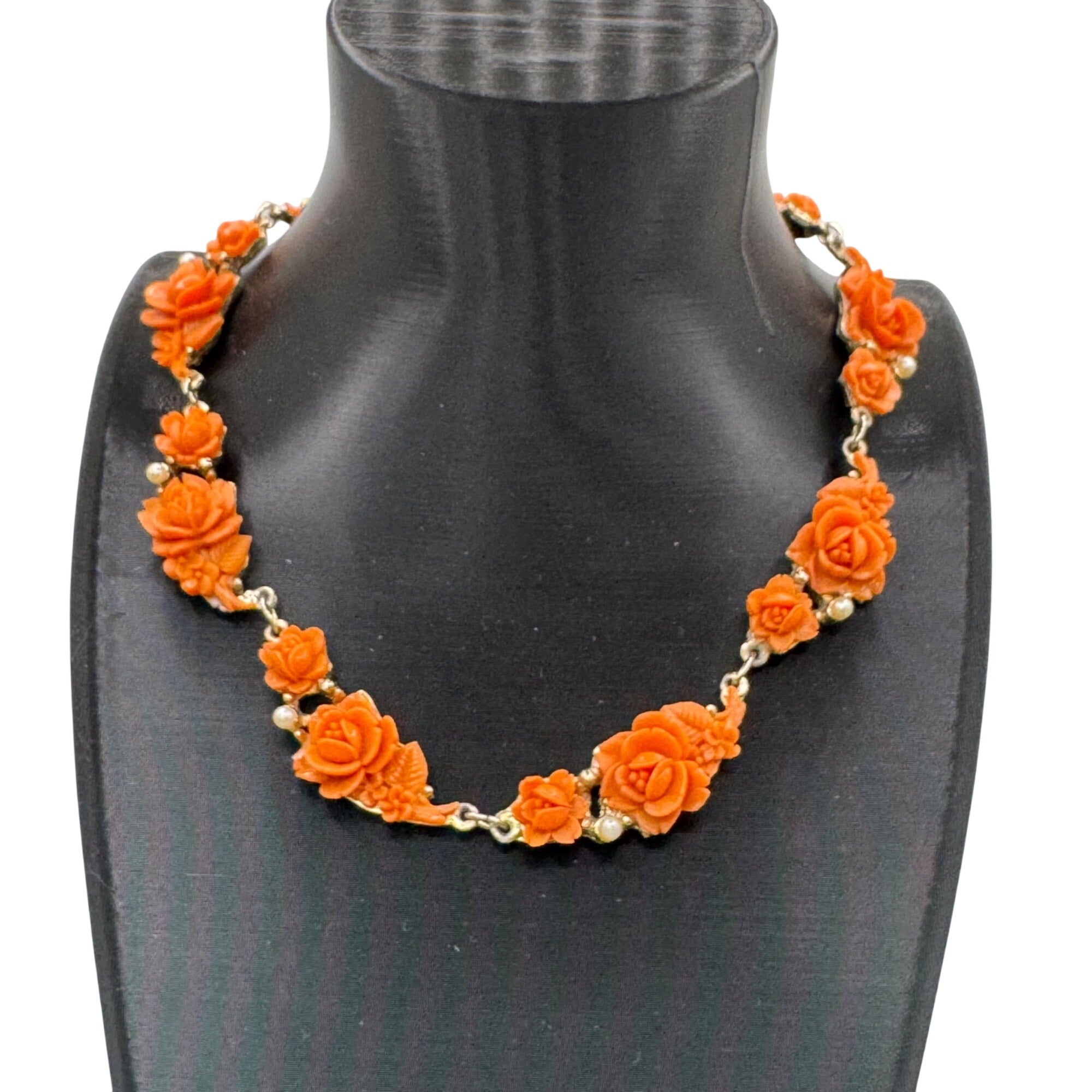 Vtg Celluloid Orange Rose Floral Necklace Faux Pearls Gold-Tone Made Japan 14"