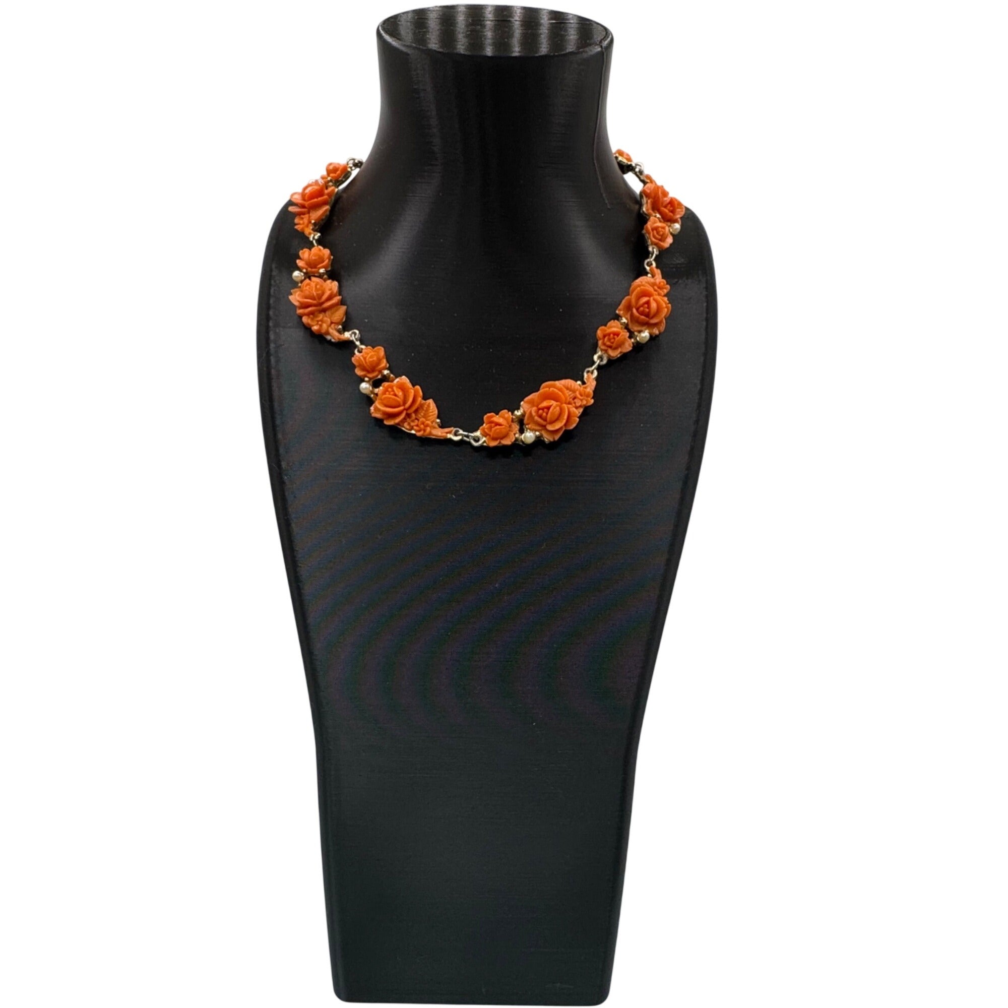Vtg Celluloid Orange Rose Floral Necklace Faux Pearls Gold-Tone Made Japan 14"