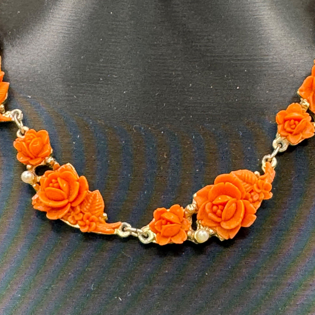 Vtg Celluloid Orange Rose Floral Necklace Faux Pearls Gold-Tone Made Japan 14"
