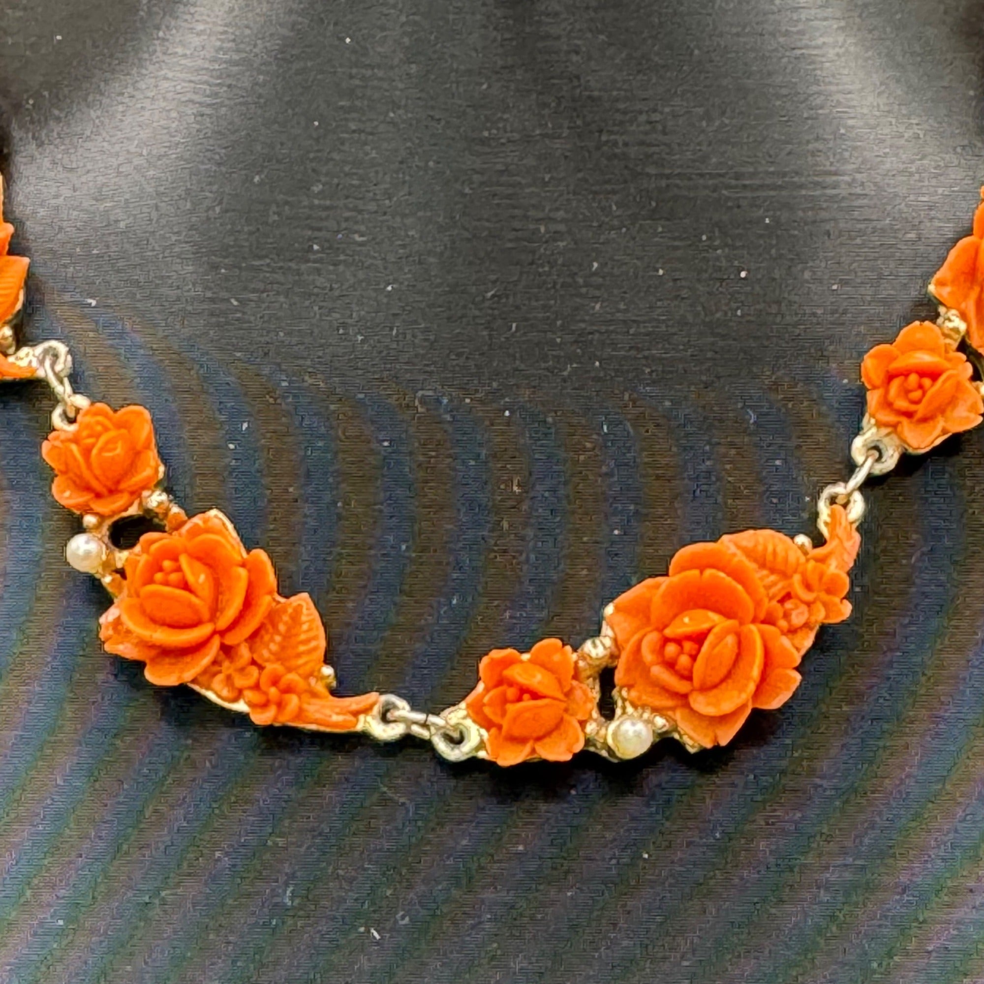 Vtg Celluloid Orange Rose Floral Necklace Faux Pearls Gold-Tone Made Japan 14"