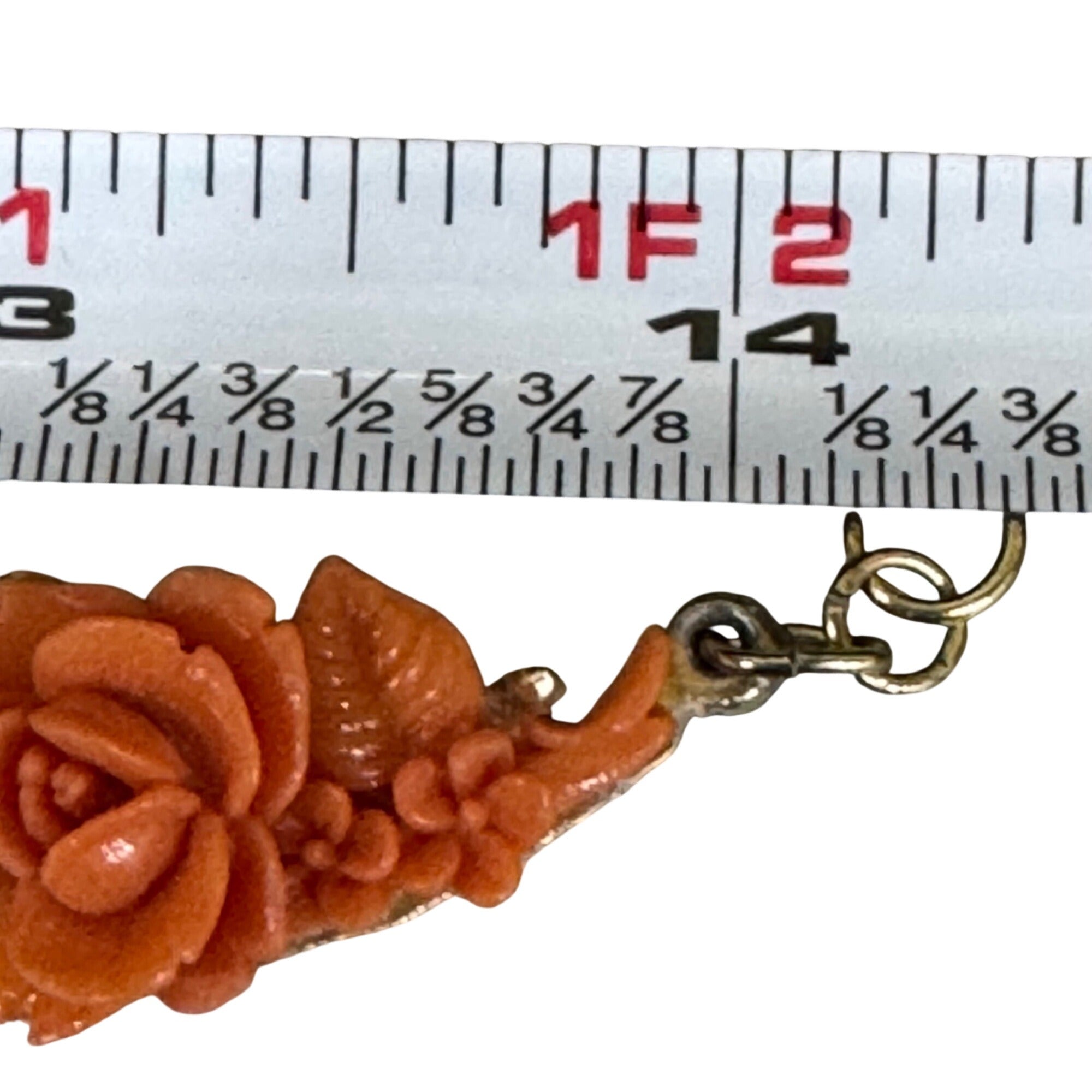 Vtg Celluloid Orange Rose Floral Necklace Faux Pearls Gold-Tone Made Japan 14"