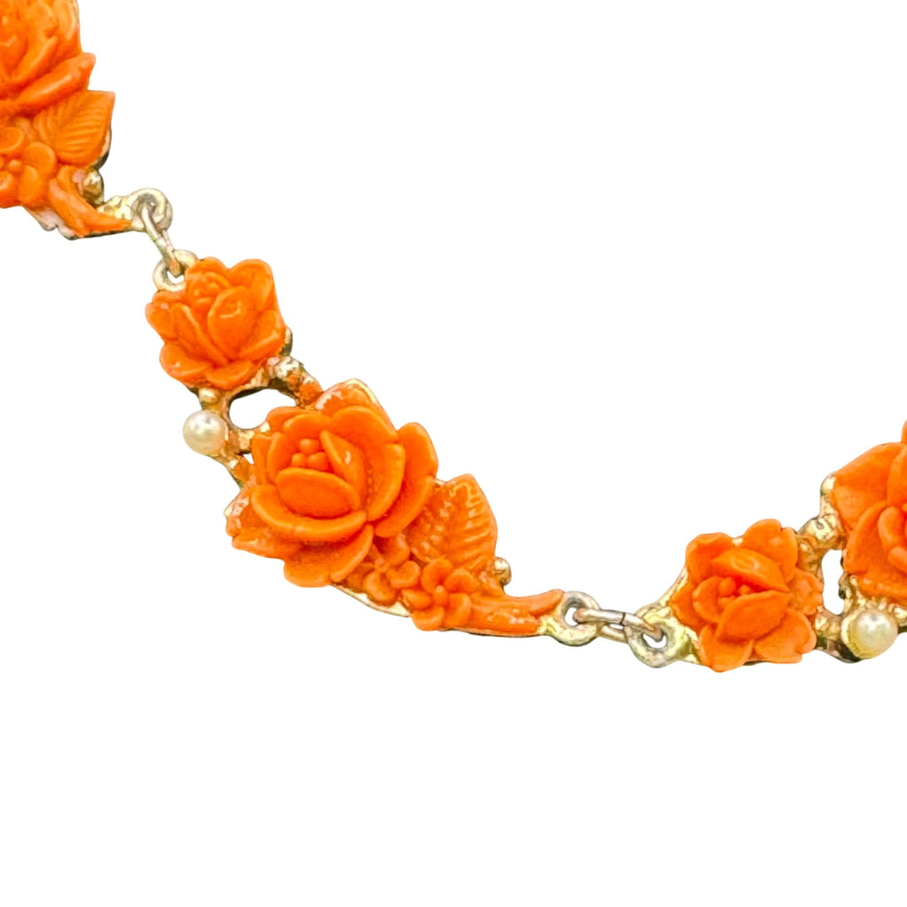 Vtg Celluloid Orange Rose Floral Necklace Faux Pearls Gold-Tone Made Japan 14"