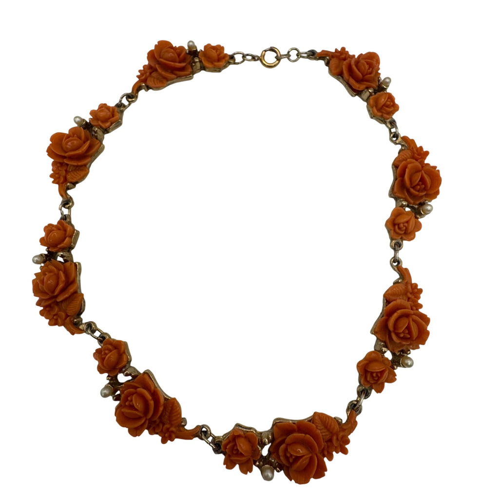 Vtg Celluloid Orange Rose Floral Necklace Faux Pearls Gold-Tone Made Japan 14"