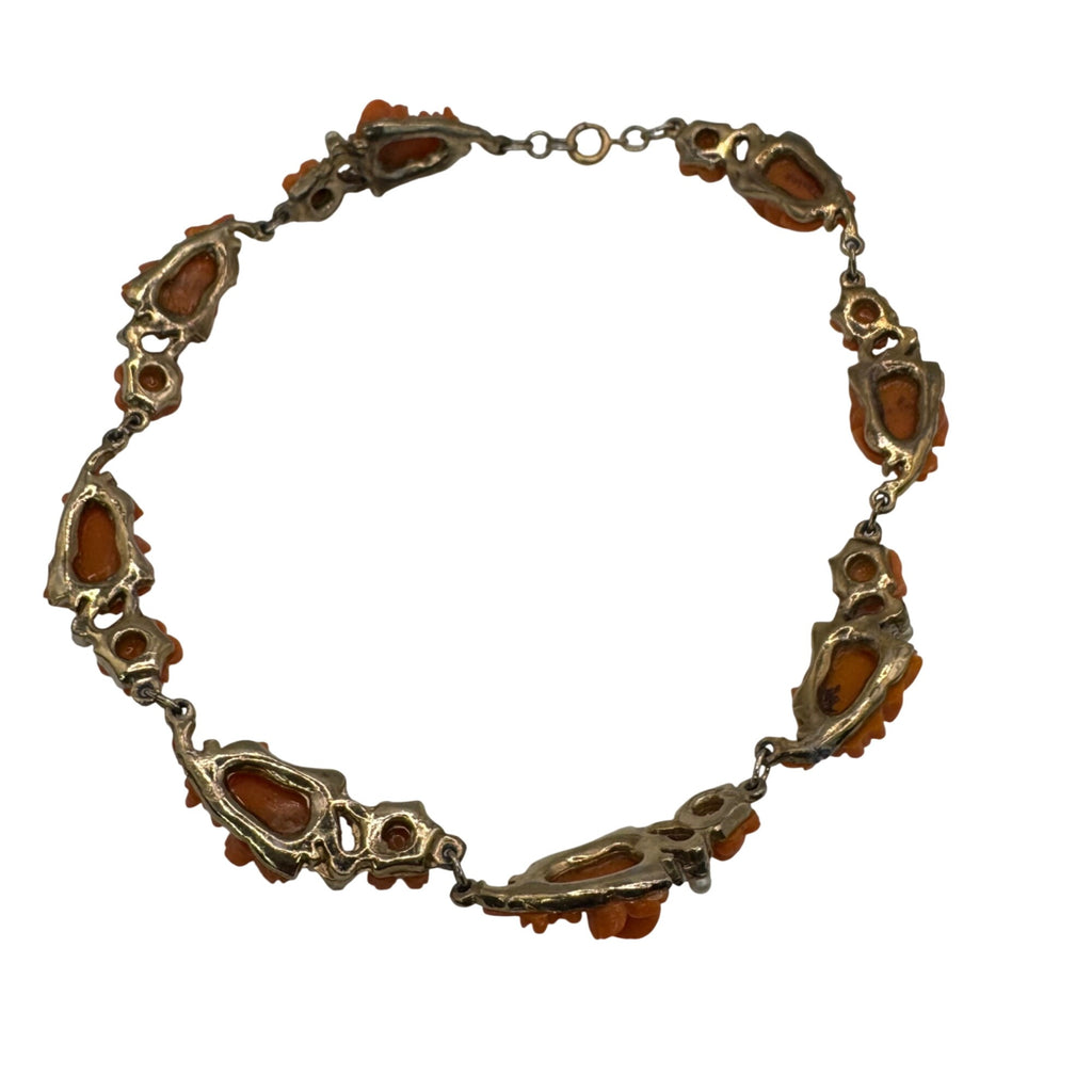 Vtg Celluloid Orange Rose Floral Necklace Faux Pearls Gold-Tone Made Japan 14"