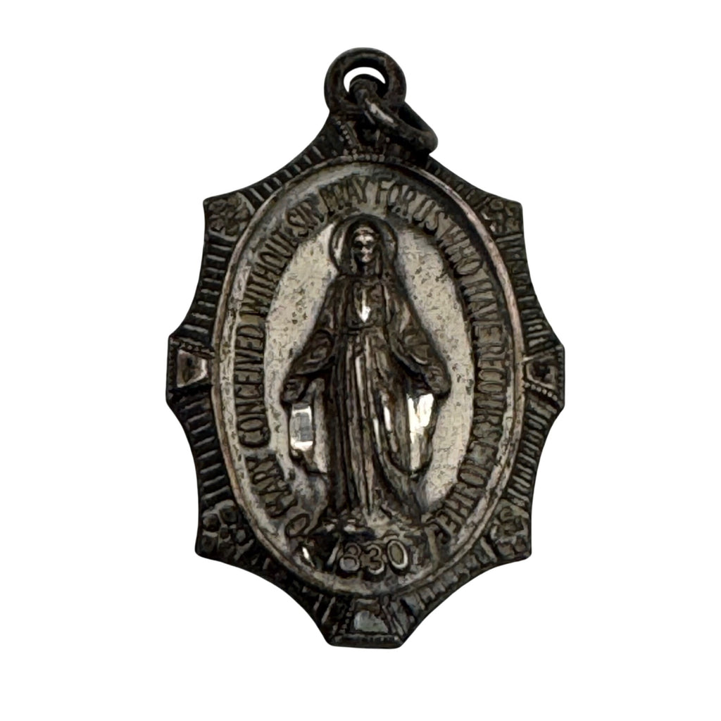 MCM Sterling Silver Miraculous Medal Of Our Lady Grace Pendant Charm 1" 925 Vtg