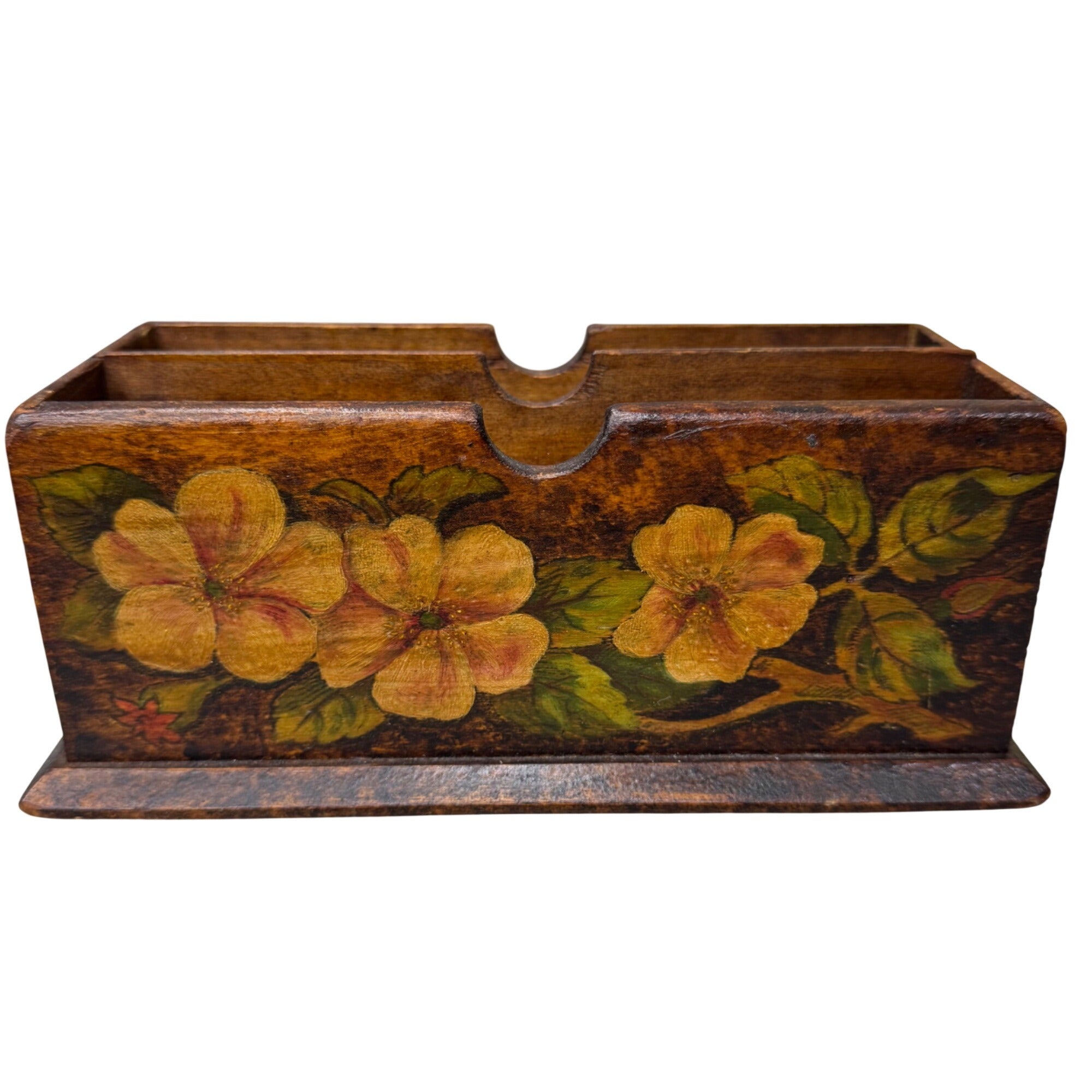 Vintage Flemish Art Co. Wooden Letter Holder Pyrography Handpainted Floral 9x5