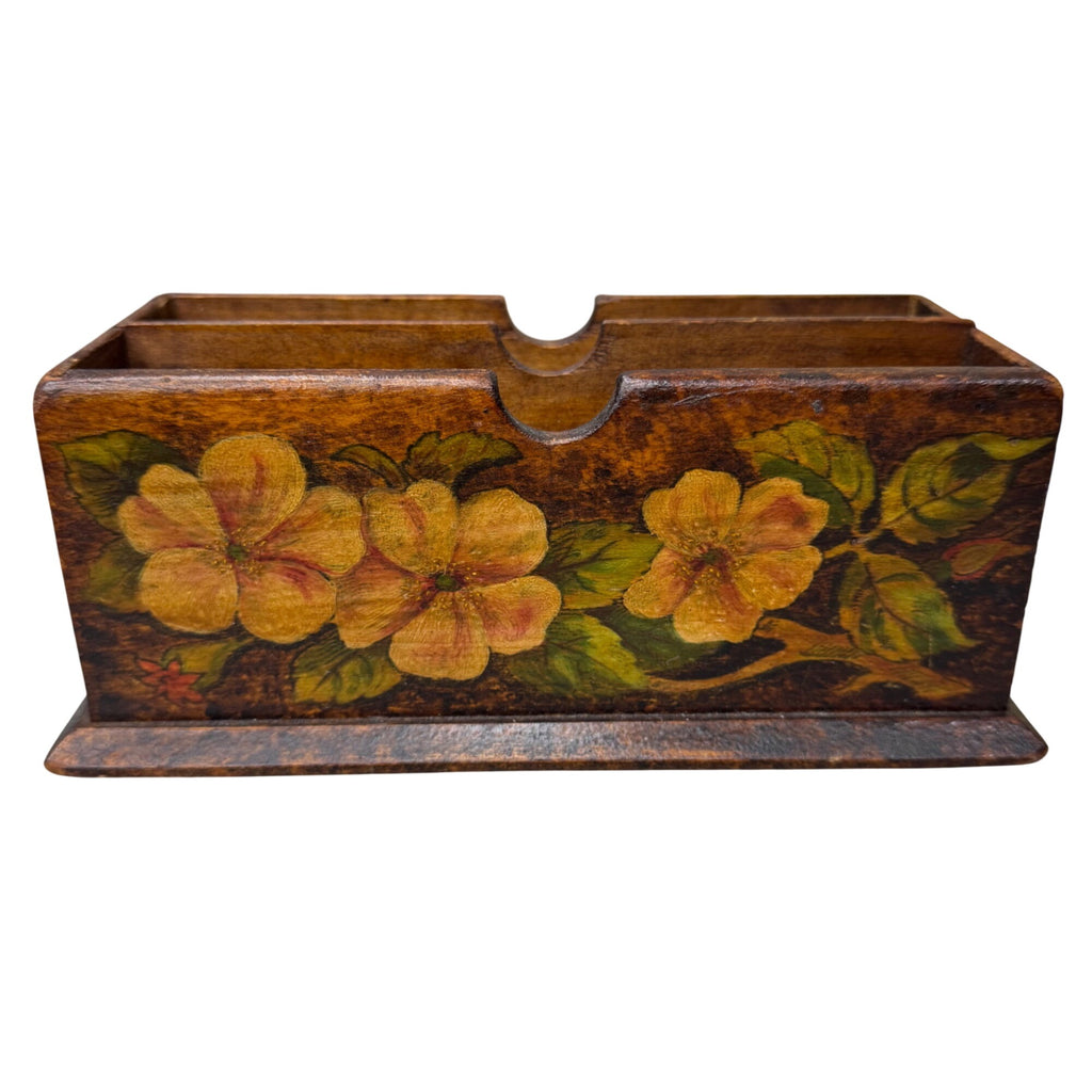 Vintage Flemish Art Co. Wooden Letter Holder Pyrography Handpainted Floral 9x5