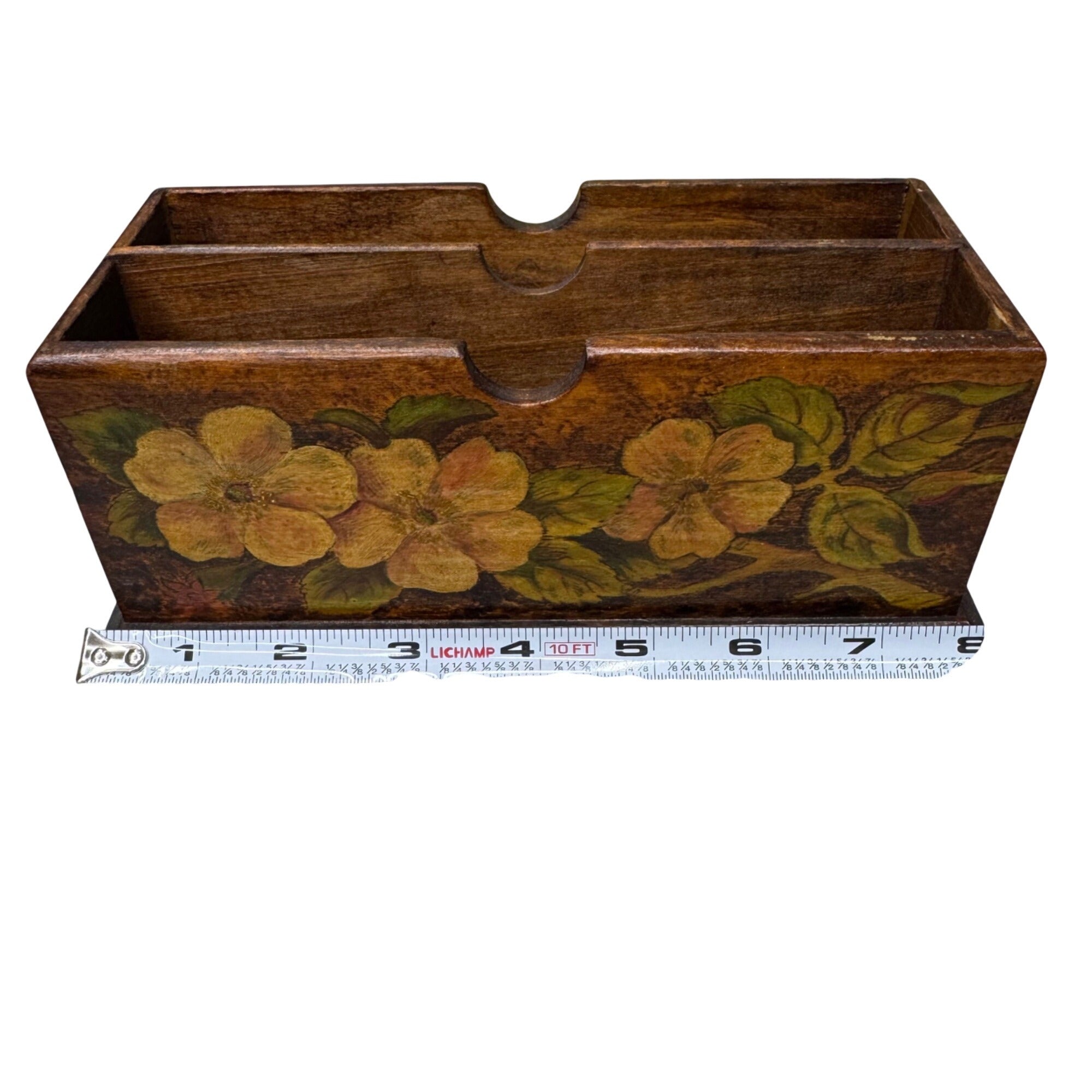 Vintage Flemish Art Co. Wooden Letter Holder Pyrography Handpainted Floral 9x5