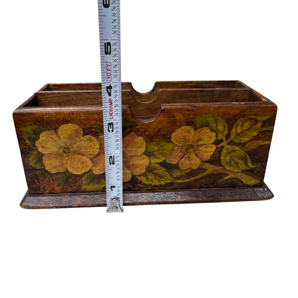 Vintage Flemish Art Co. Wooden Letter Holder Pyrography Handpainted Floral 9x5