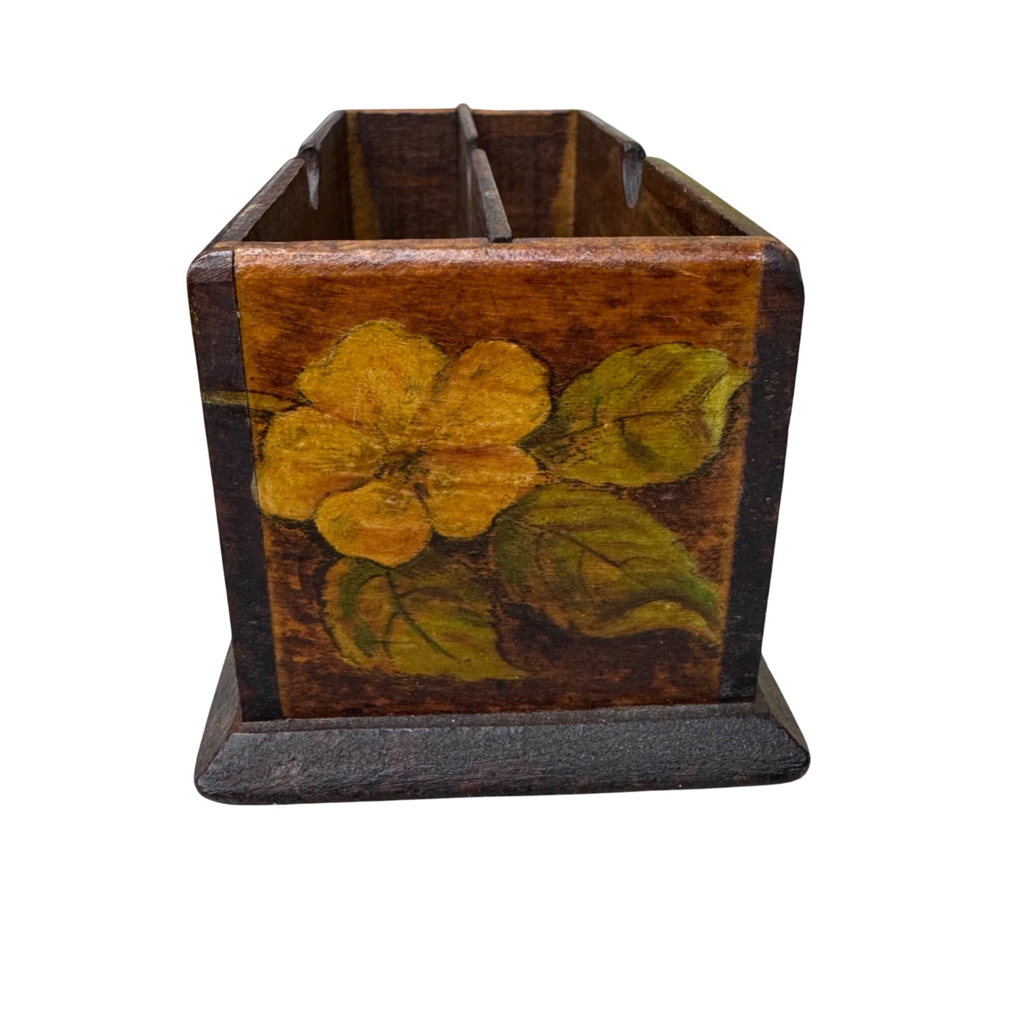 Vintage Flemish Art Co. Wooden Letter Holder Pyrography Handpainted Floral 9x5