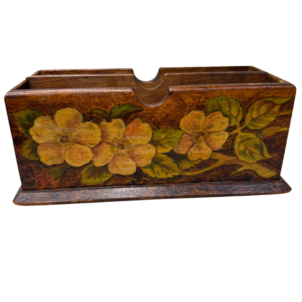 Vintage Flemish Art Co. Wooden Letter Holder Pyrography Handpainted Floral 9x5