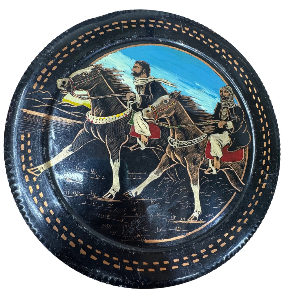 Middle Eastern Decorative Wall Plate Hand Hammered Painted Warriors Horses 11”