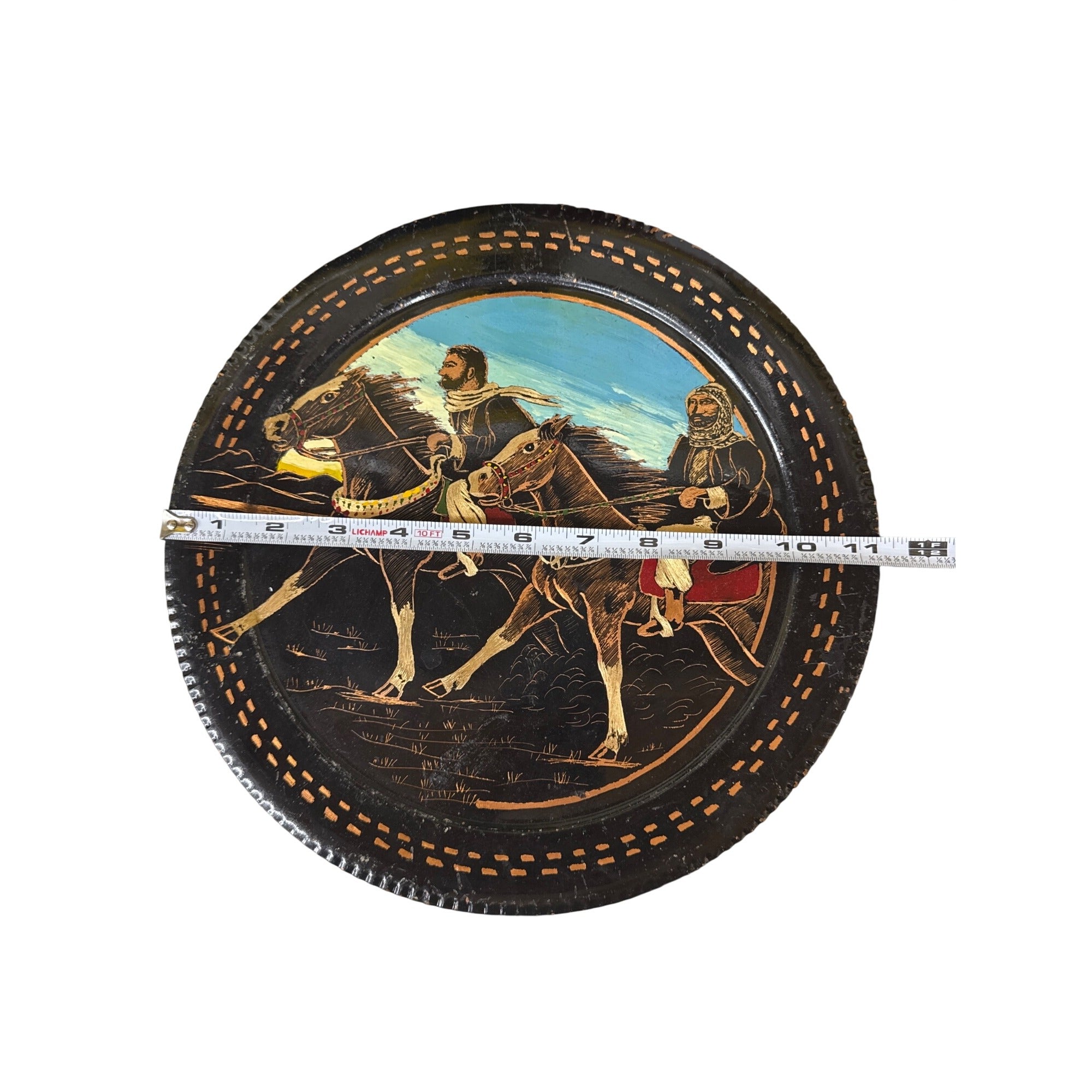 Middle Eastern Decorative Wall Plate Hand Hammered Painted Warriors Horses 11”