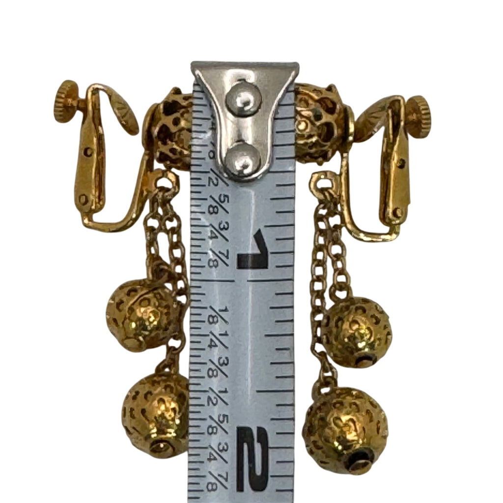 Vintage Vendome Gold-Tone Clip-On Dangle Earrings Textured Chains Ball Accents