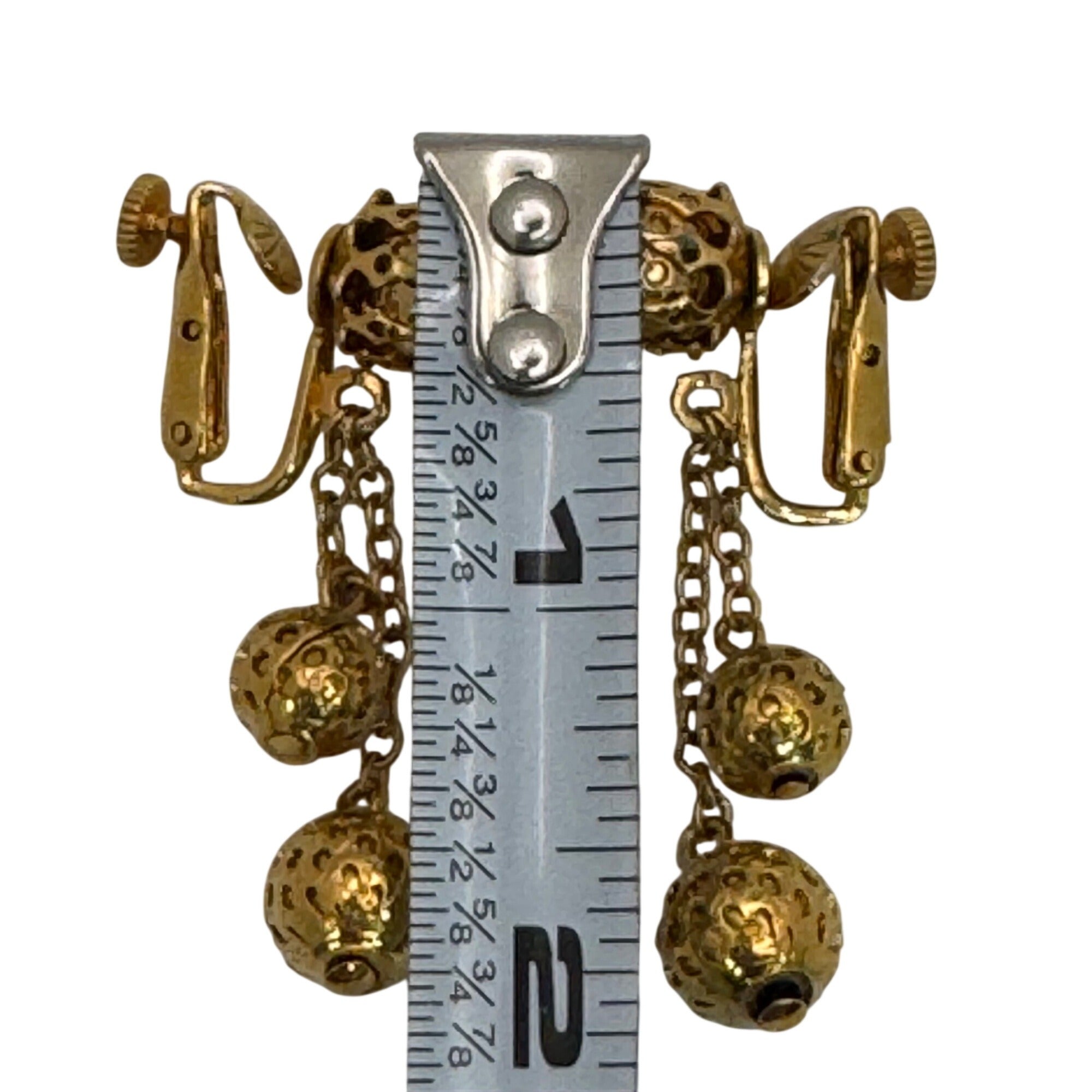 Vintage Vendome Gold-Tone Clip-On Dangle Earrings Textured Chains Ball Accents