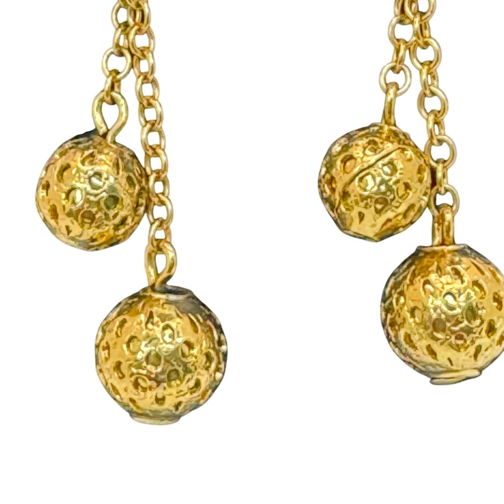 Vintage Vendome Gold-Tone Clip-On Dangle Earrings Textured Chains Ball Accents