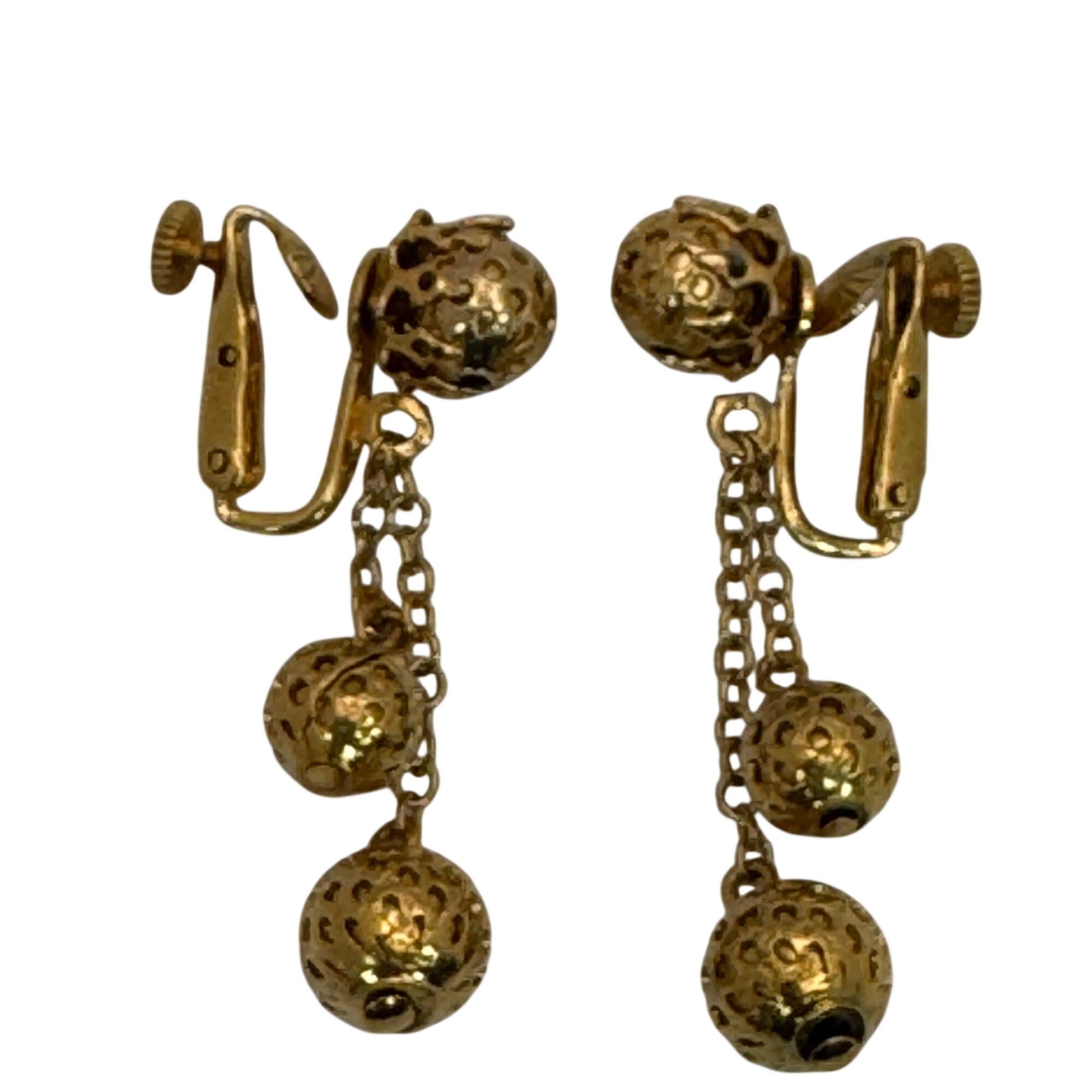 Vintage Vendome Gold-Tone Clip-On Dangle Earrings Textured Chains Ball Accents
