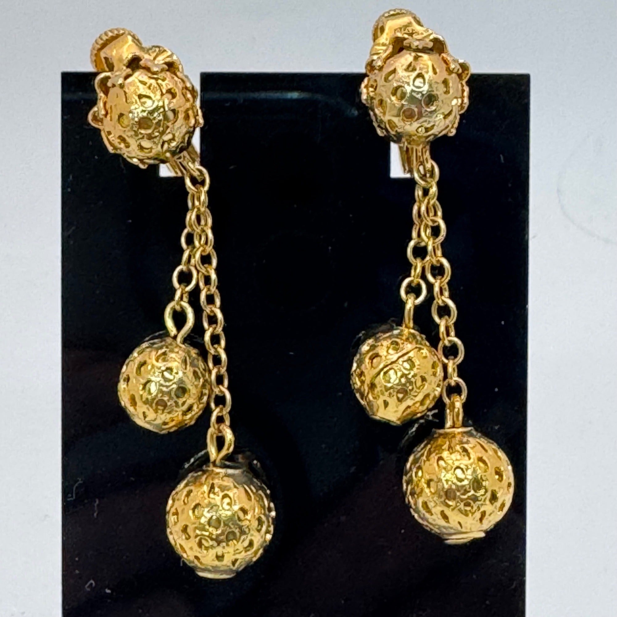 Vintage Vendome Gold-Tone Clip-On Dangle Earrings Textured Chains Ball Accents