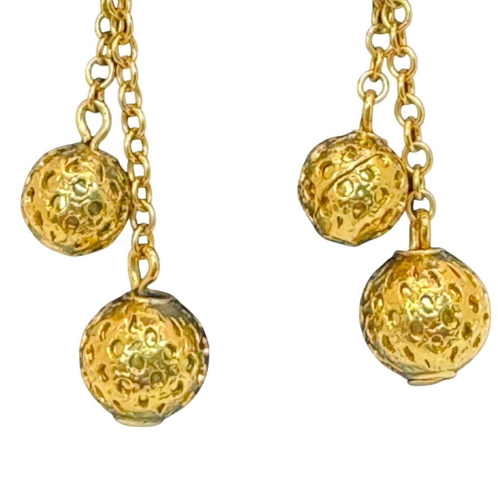 Vintage Vendome Gold-Tone Clip-On Dangle Earrings Textured Chains Ball Accents