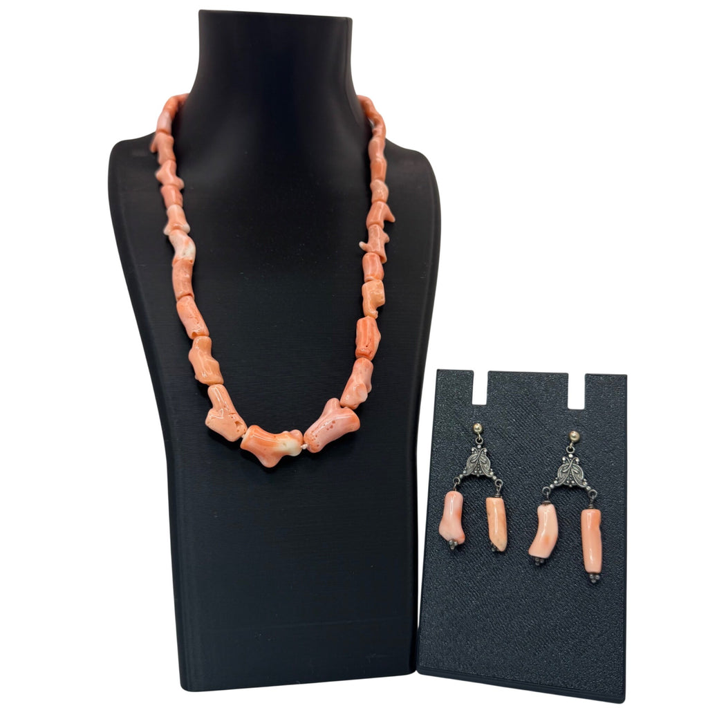 Nancy Brown Sterling Silver Pink Coral Angel Skin Necklace & Earrings Set In Box