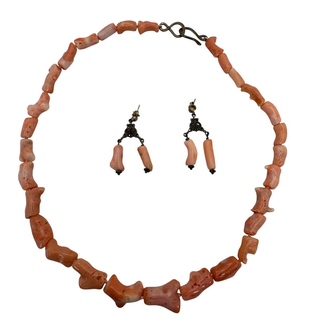 Nancy Brown Sterling Silver Pink Coral Angel Skin Necklace & Earrings Set In Box