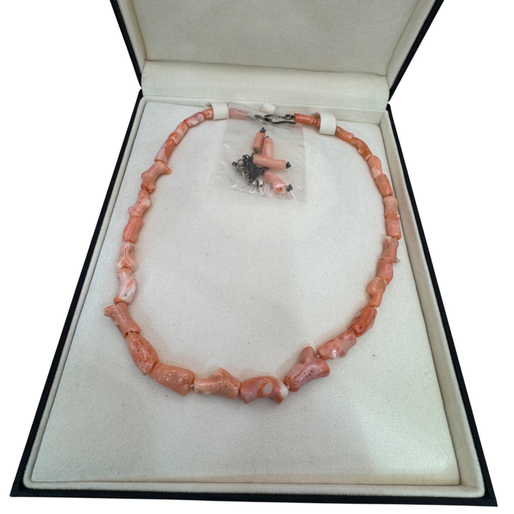 Nancy Brown Sterling Silver Pink Coral Angel Skin Necklace & Earrings Set In Box
