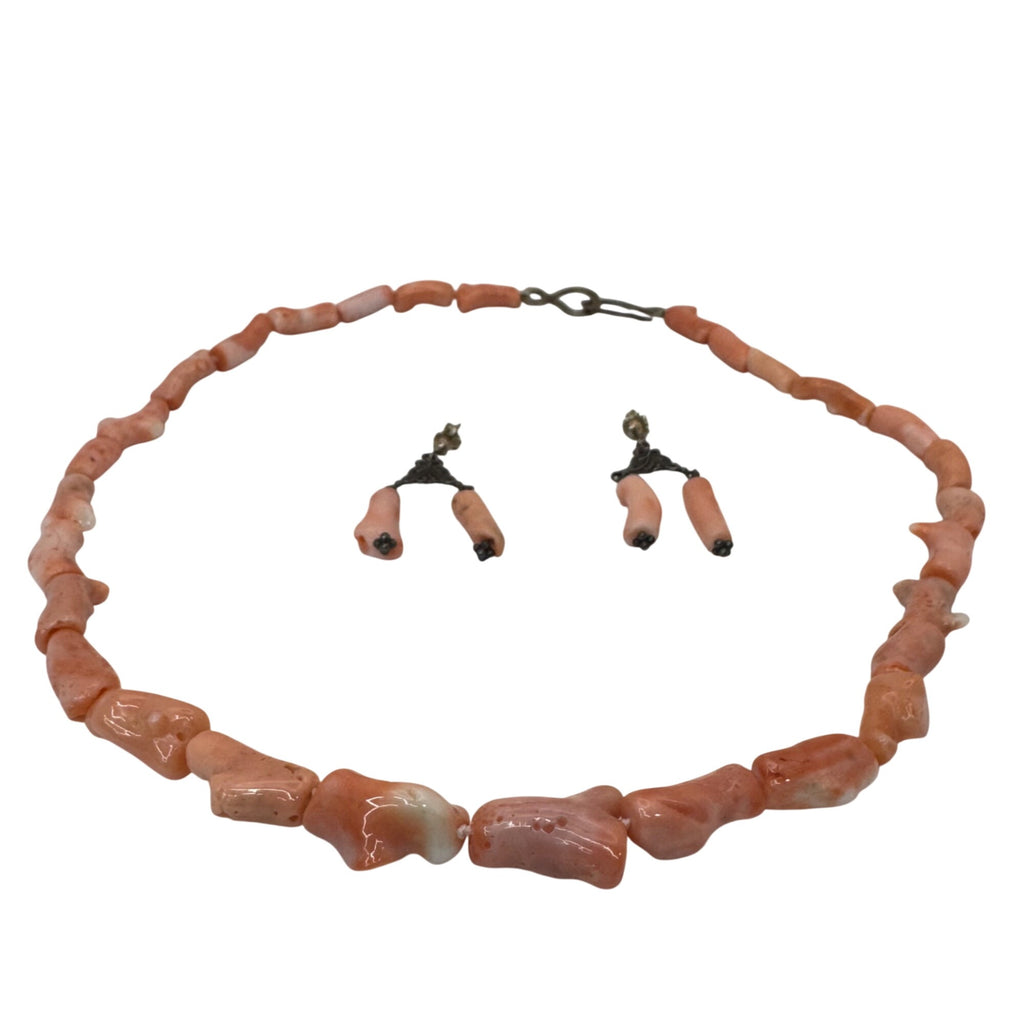 Nancy Brown Sterling Silver Pink Coral Angel Skin Necklace & Earrings Set In Box