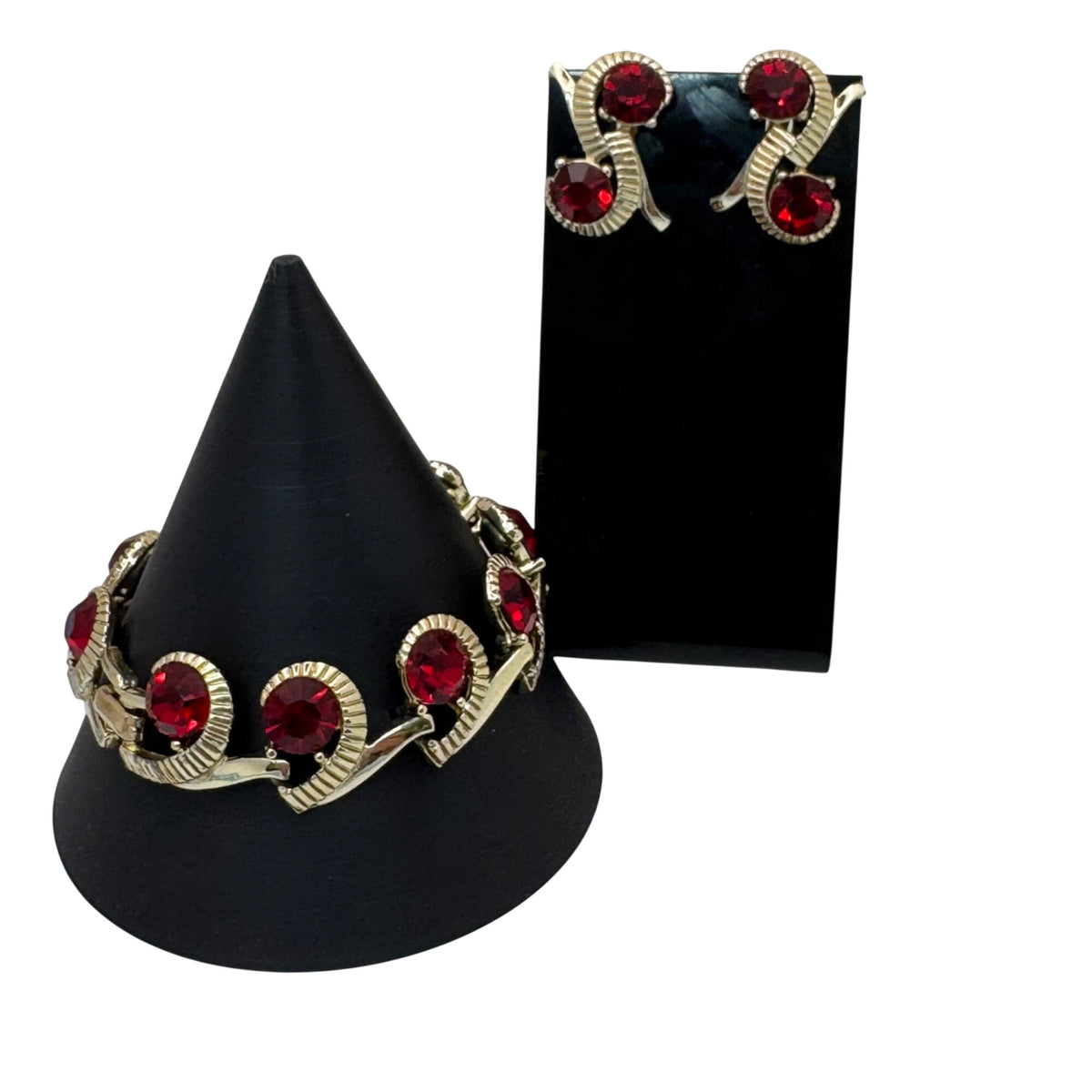 Kramer Ruby Red Rhinestone Bracelet Clip-On Earrings Set Vintage Gold-Tone
