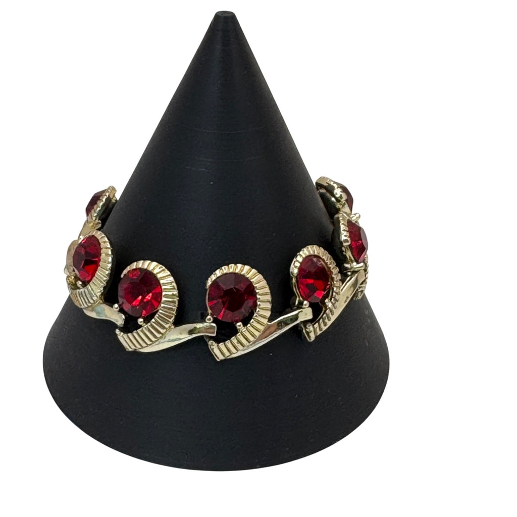 Kramer Ruby Red Rhinestone Bracelet Clip-On Earrings Set Vintage Gold-Tone