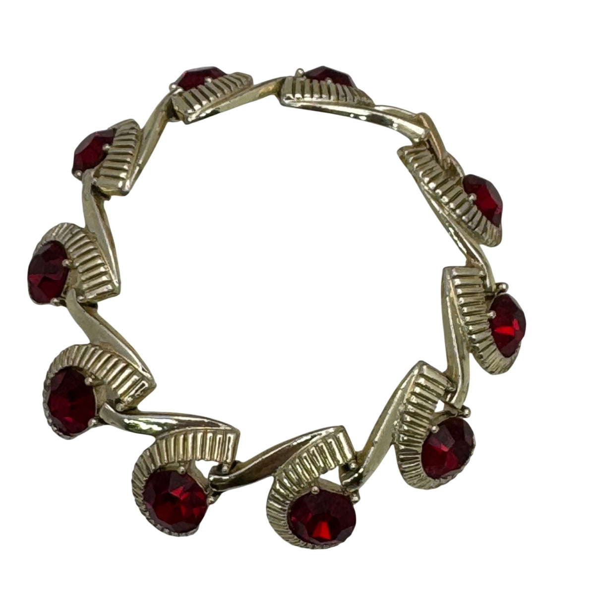 Kramer Ruby Red Rhinestone Bracelet Clip-On Earrings Set Vintage Gold-Tone
