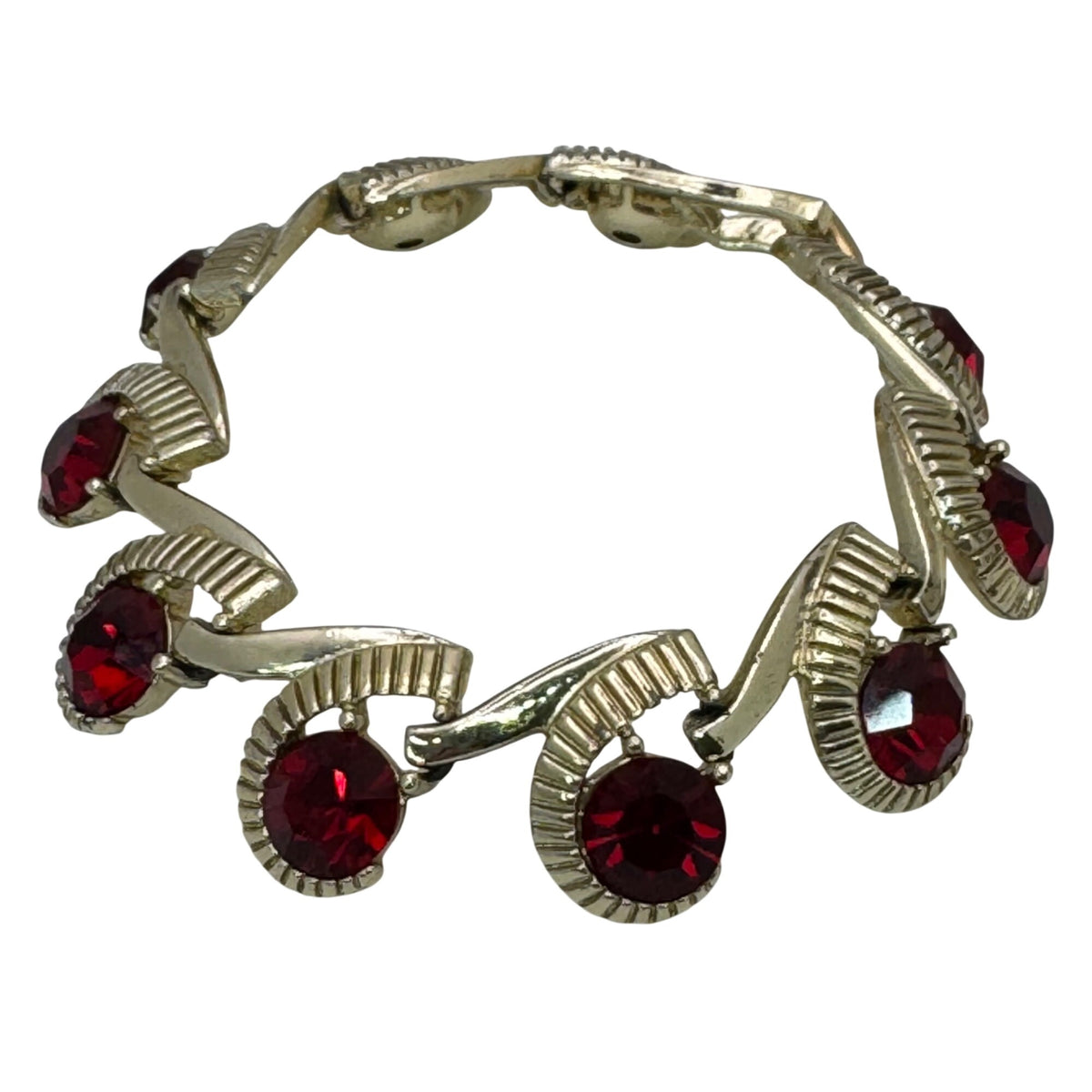 Kramer Ruby Red Rhinestone Bracelet Clip-On Earrings Set Vintage Gold-Tone