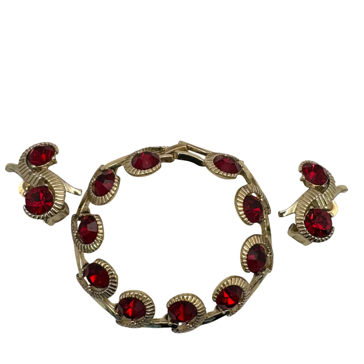 Kramer Ruby Red Rhinestone Bracelet Clip-On Earrings Set Vintage Gold-Tone