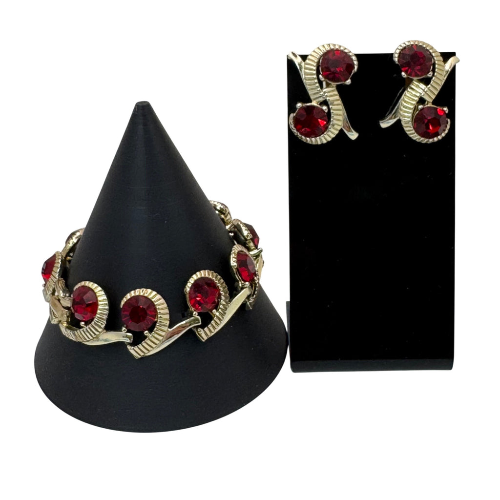 Kramer Ruby Red Rhinestone Bracelet Clip-On Earrings Set Vintage Gold-Tone
