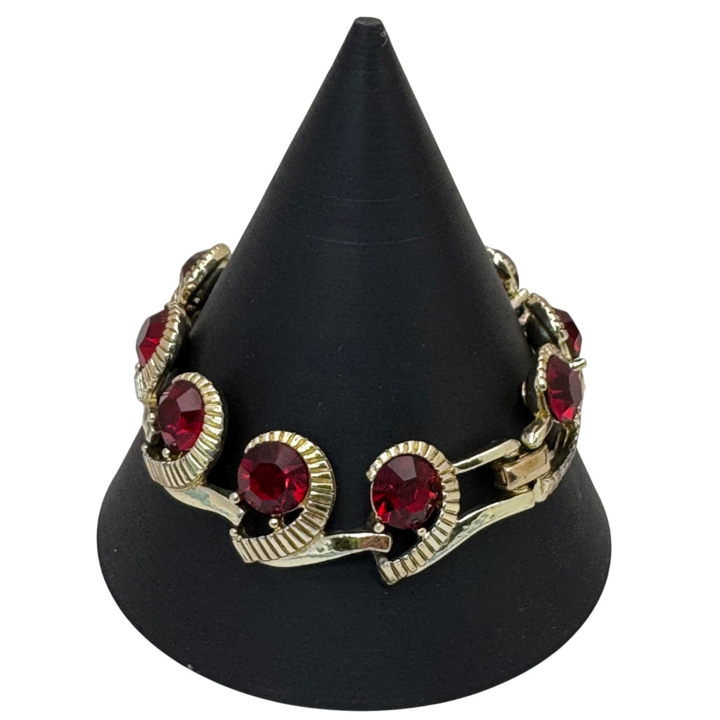 Kramer Ruby Red Rhinestone Bracelet Clip-On Earrings Set Vintage Gold-Tone