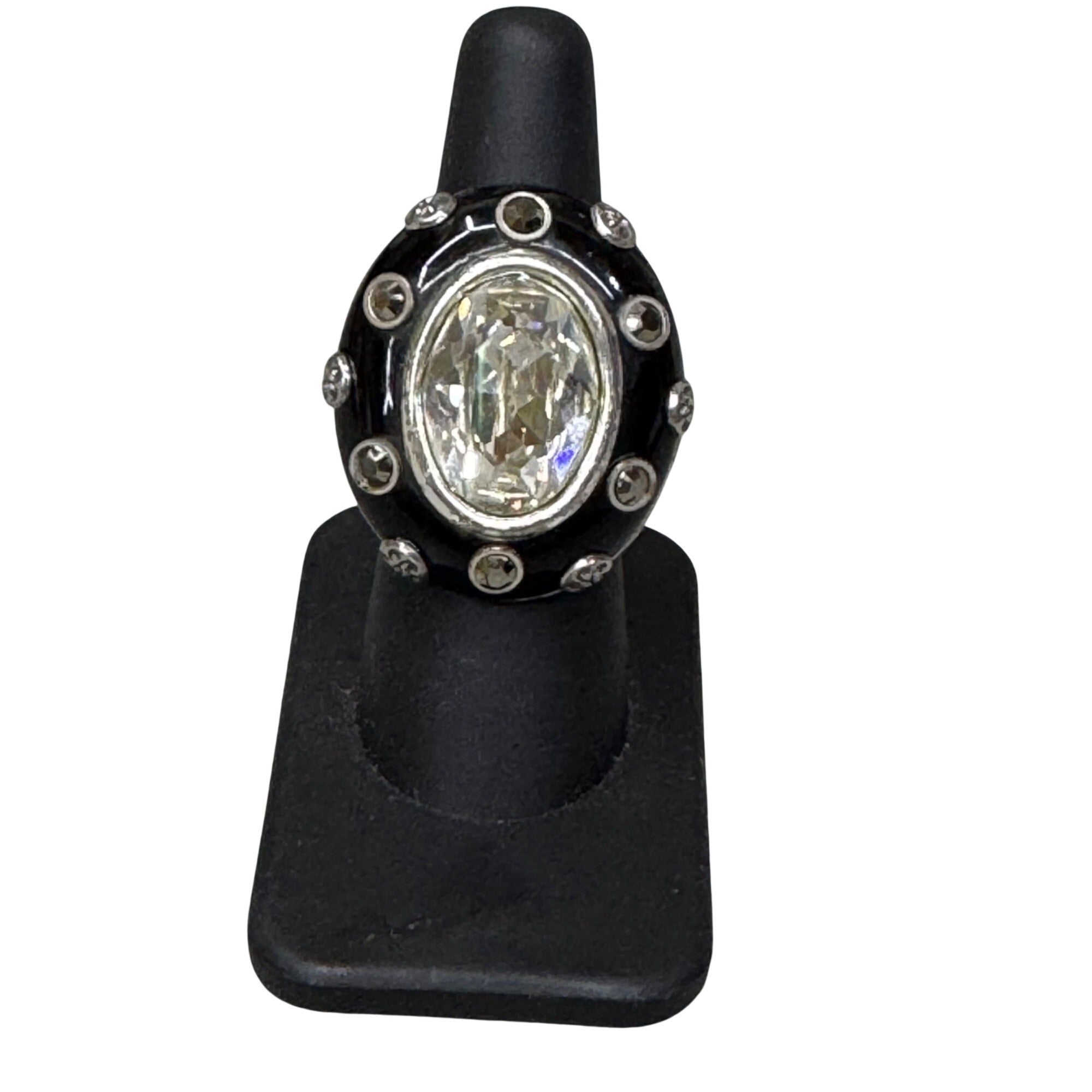 Brighton Cocco's Spell Swarovski Crystal Vintage Statement Ring Black Enamel S 7