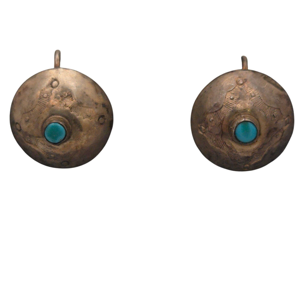 Vintage Navajo Sterling Silver Screw Back Earrings Turquoise Accents Etched