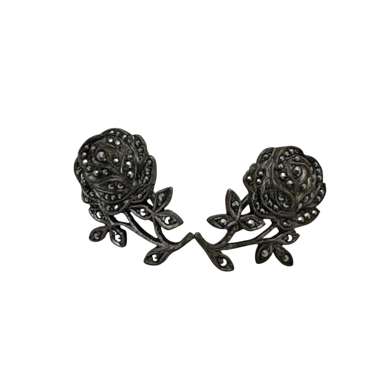 Vintage Sterling Silver Rose Screw-Back Earrings Marcasite Floral Design 7.76g