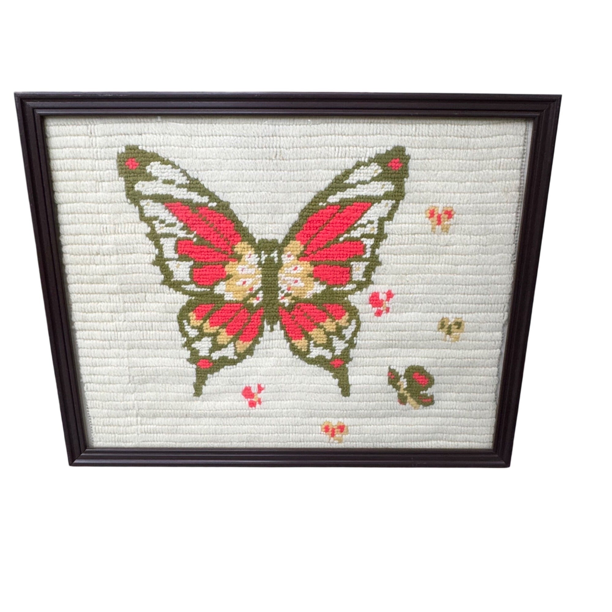 Vintage Boho Butterfly Rug Hooked Wall Art Framed 14"x11" Handmade Cottage Core