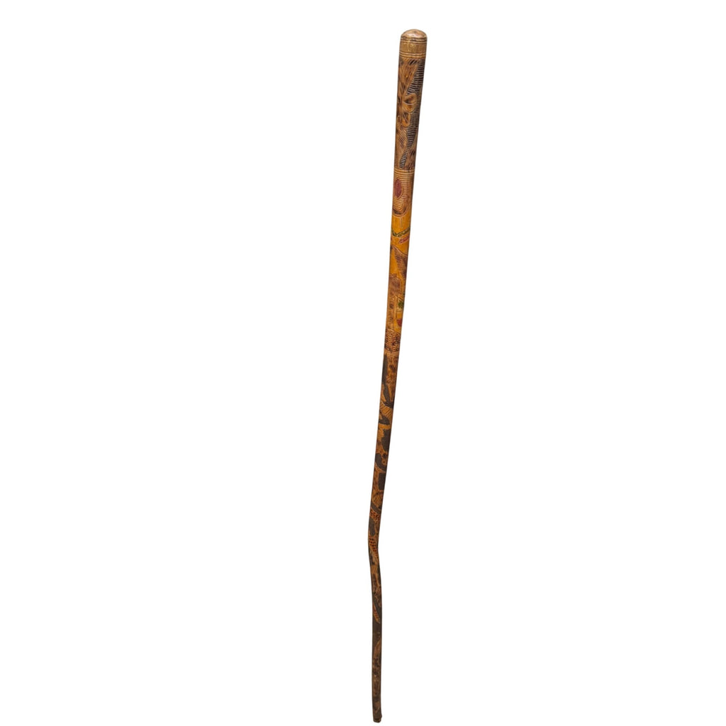 Vintage Mexican Aztec Tijuana Carved Wood Walking Stick Cane Old Folk Art 35.5"