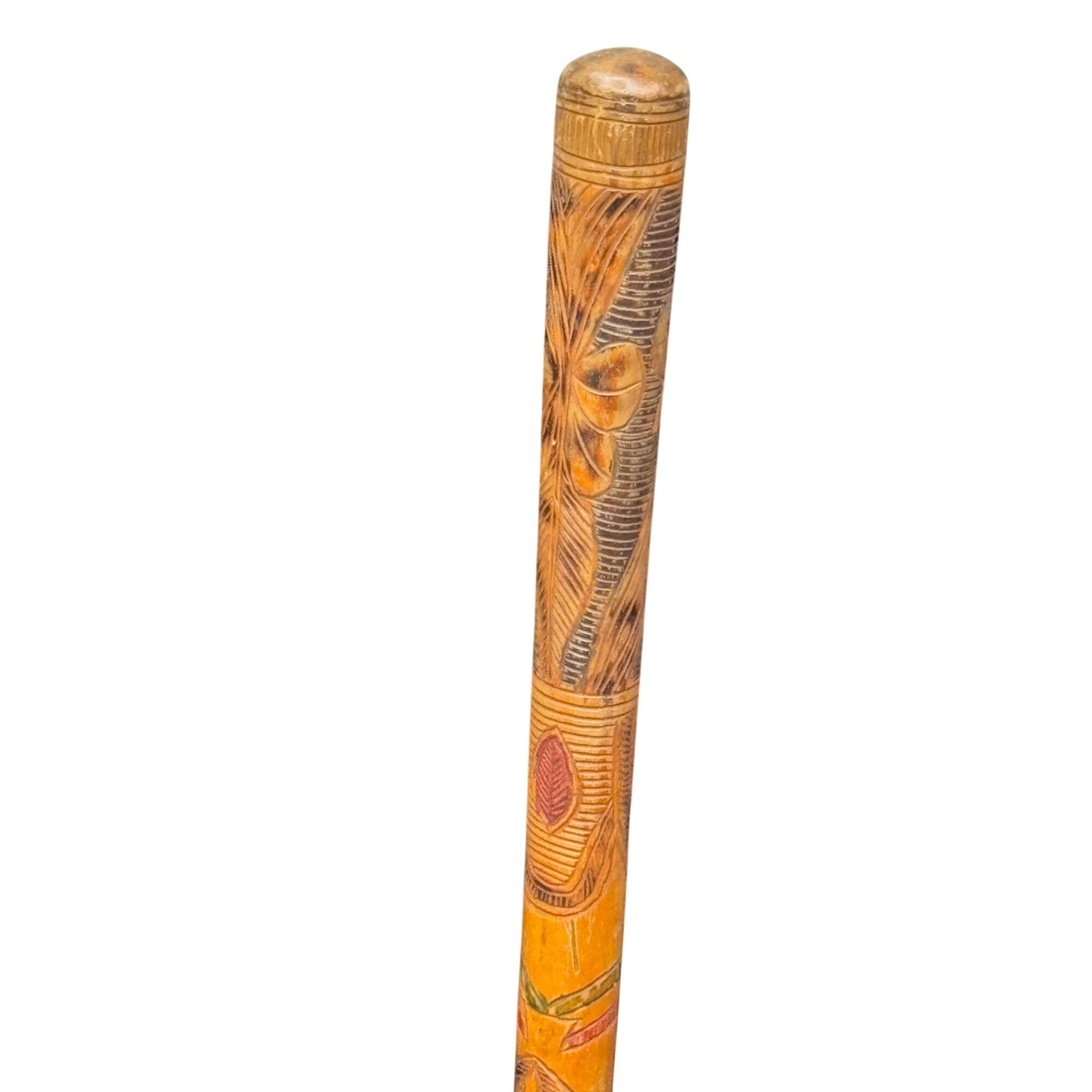 Vintage Mexican Aztec Tijuana Carved Wood Walking Stick Cane Old Folk Art 35.5"
