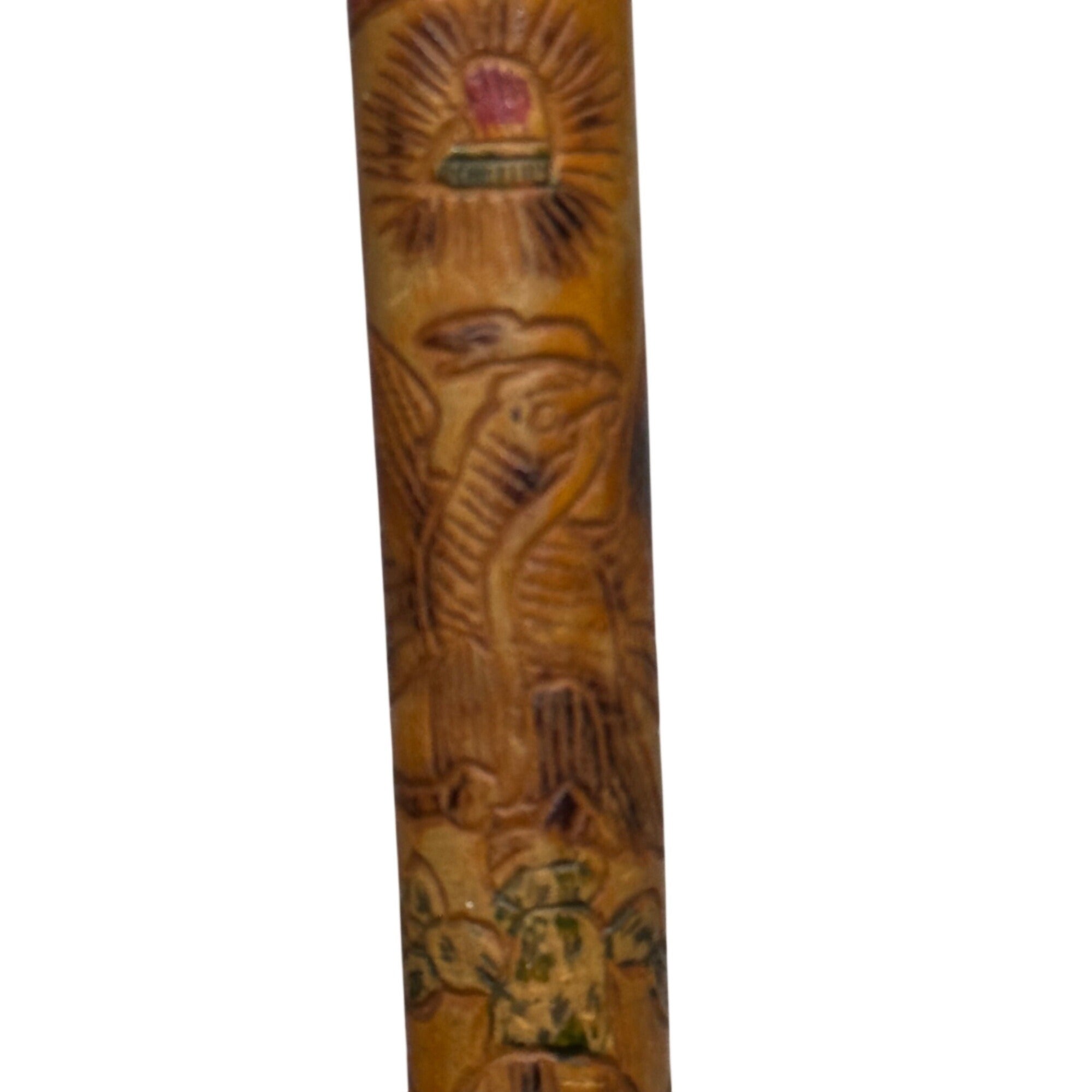 Vintage Mexican Aztec Tijuana Carved Wood Walking Stick Cane Old Folk Art 35.5"