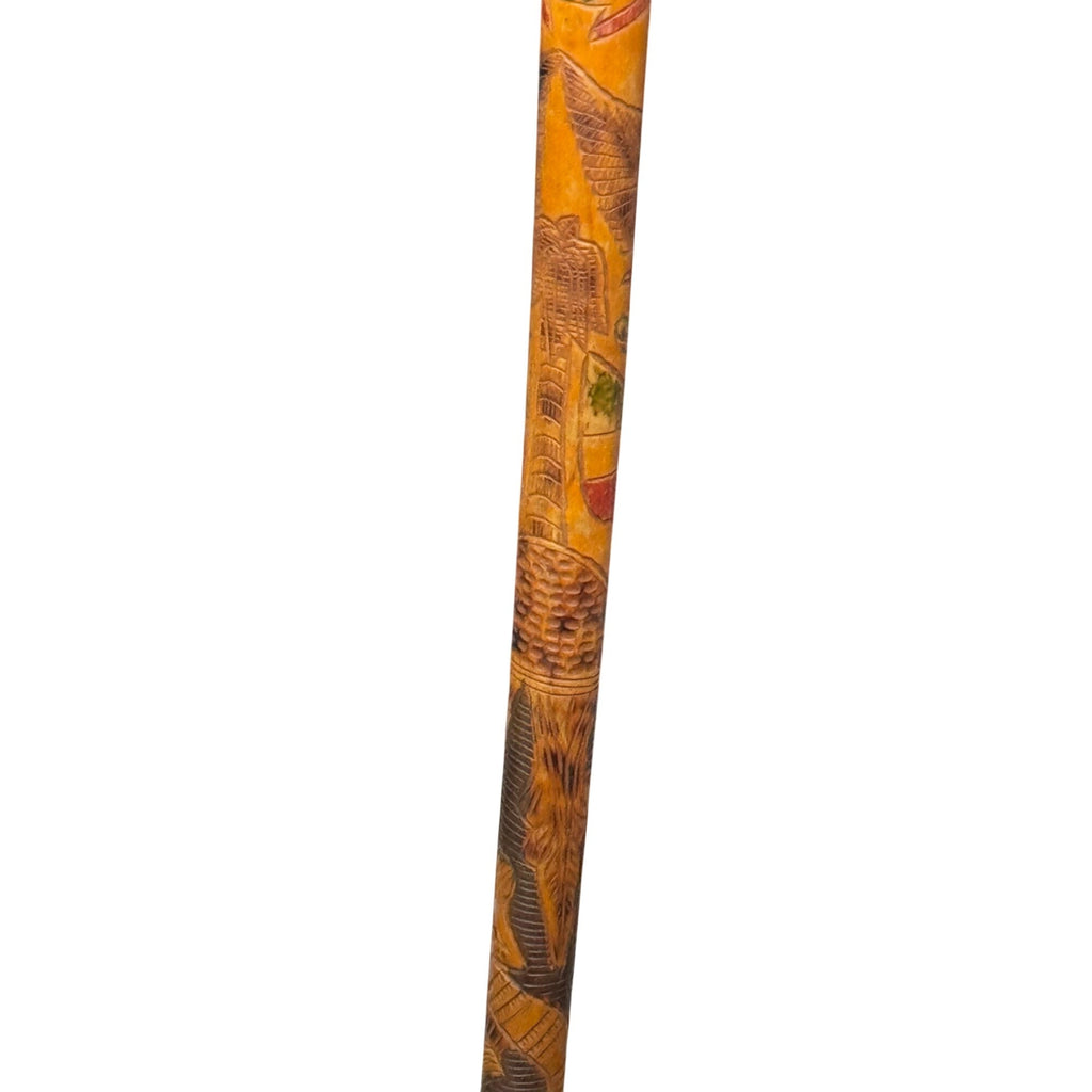 Vintage Mexican Aztec Tijuana Carved Wood Walking Stick Cane Old Folk Art 35.5"