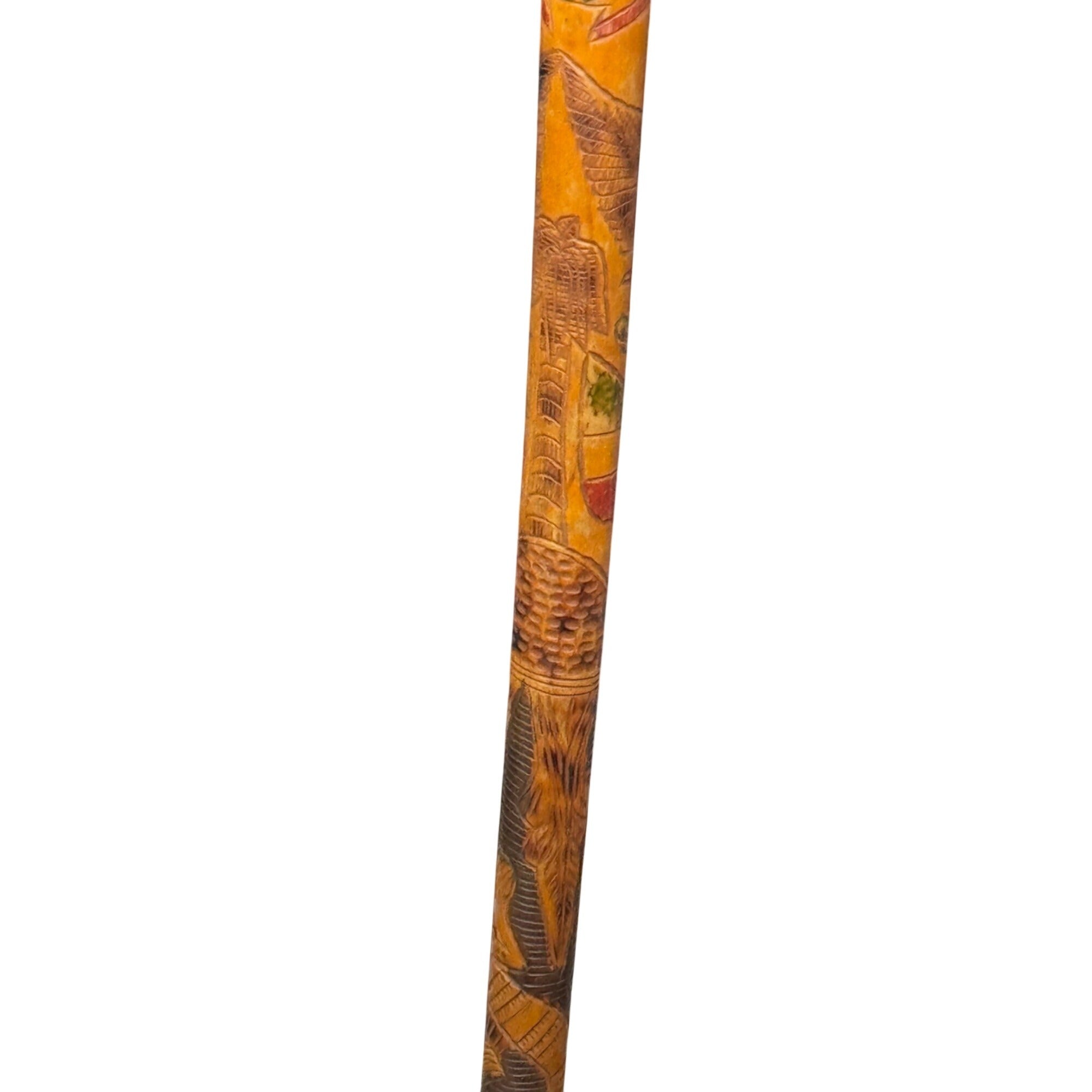 Vintage Mexican Aztec Tijuana Carved Wood Walking Stick Cane Old Folk Art 35.5"