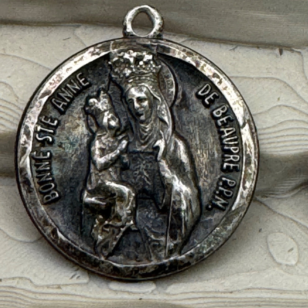 St Anne Ann De Beaupre French Silver Relic Religious Medal Pendant France Vtg